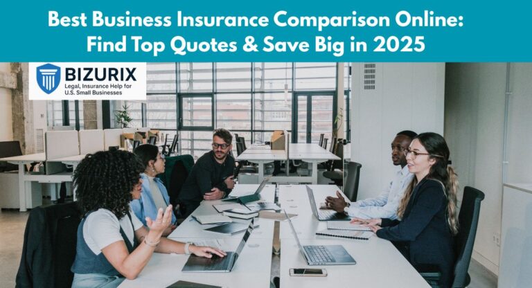Best business insurance comparison online showing a small business owner using a laptop to review quotes in 2025