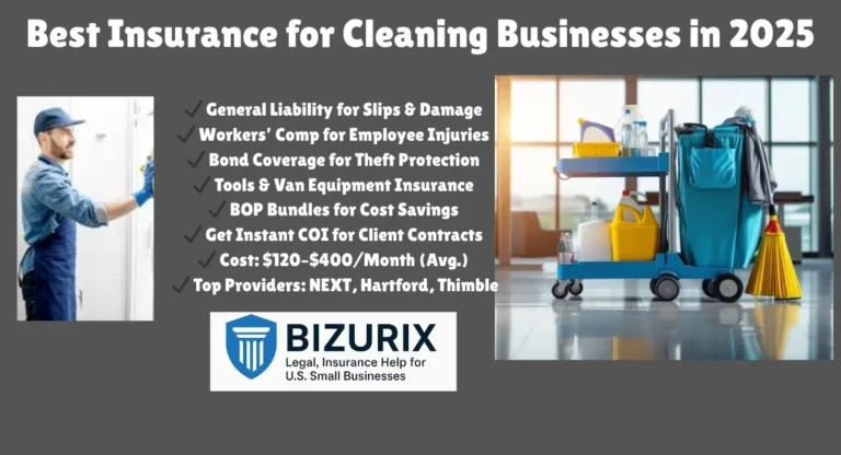 "Best insurance for cleaning businesses in 2025 showing coverage for general liability, workers’ compensation, janitorial bonds, and tools protection with a cleaning professional holding documents."
