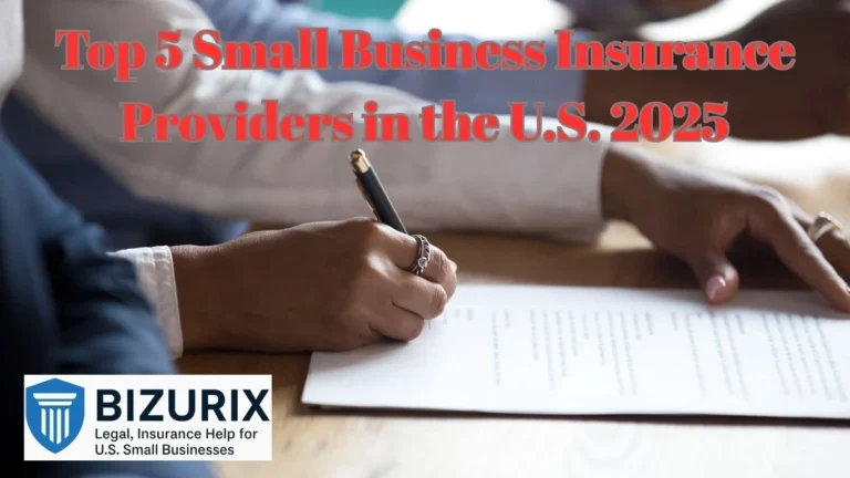 This illustration displays the top 5 small business insurance providers in 2025, accompanied by icons representing business, a shield, and finance.